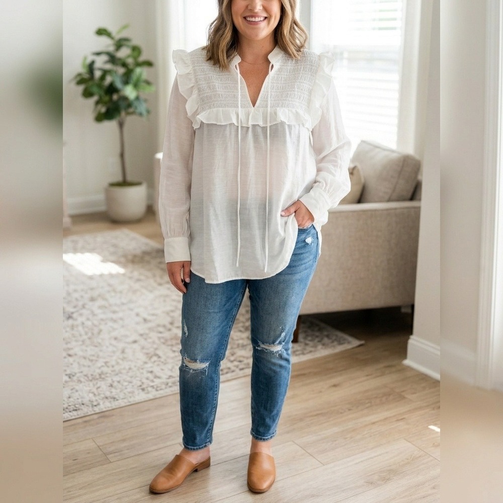 HM White Smocked Ruffle Blouse Long Sleeve Tie Neck Top XL 1009742-4